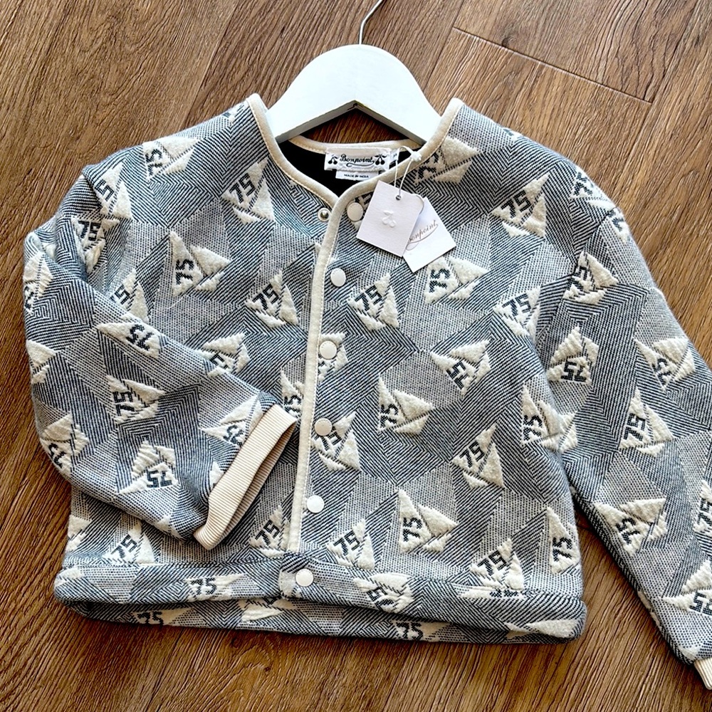 Bonpoint Gray and Cream Geometric Knit Cardigan Set